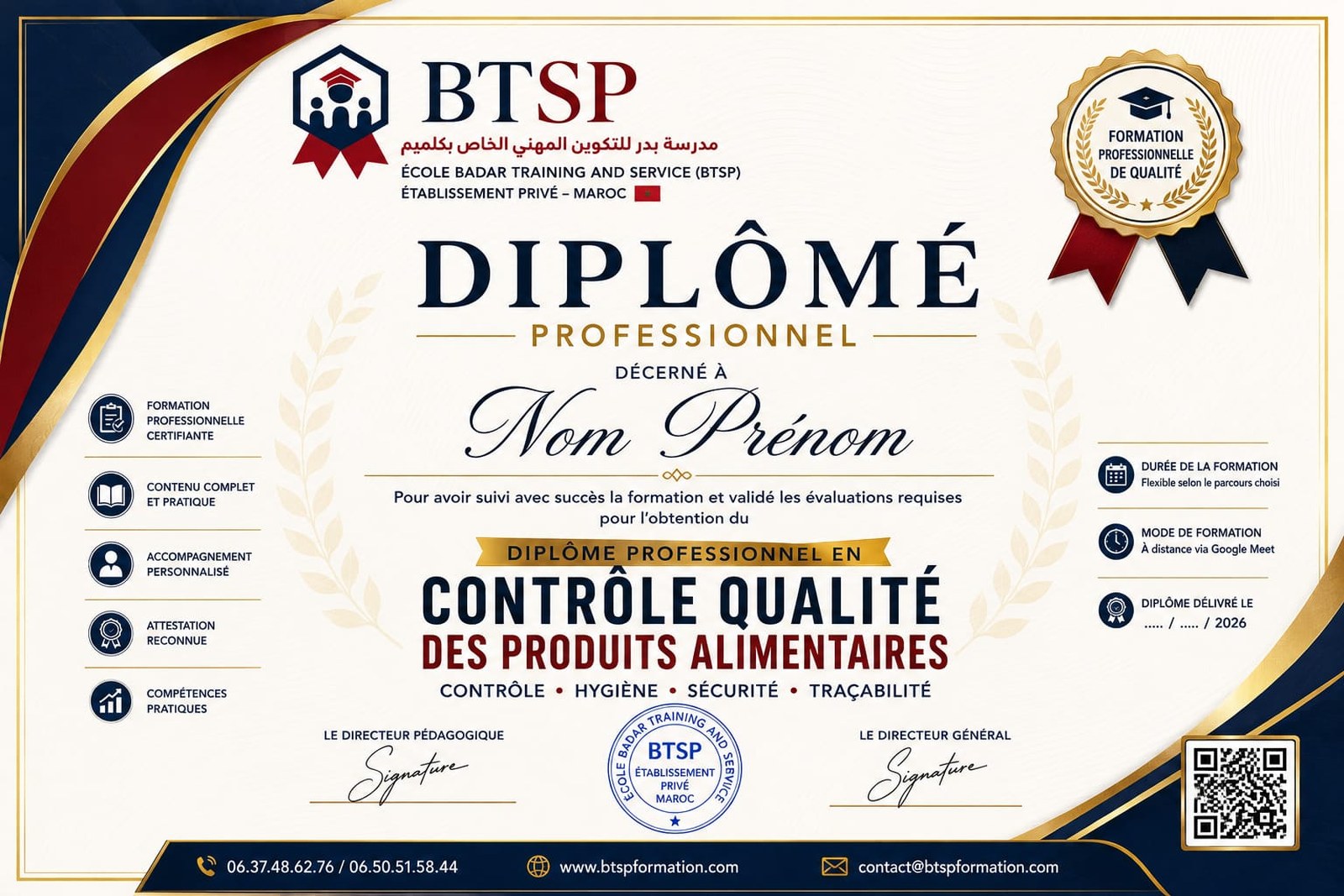 Spécimen du Diplôme de Compétence Professionnelle délivré par l'École BADAR Training and Service
